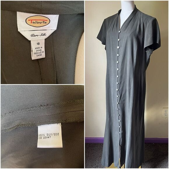 Vintage Talbots 100% Silk Maxi Dress Olive Green Minimalist Quiet Luxury 18 - Picture 6 of 9
